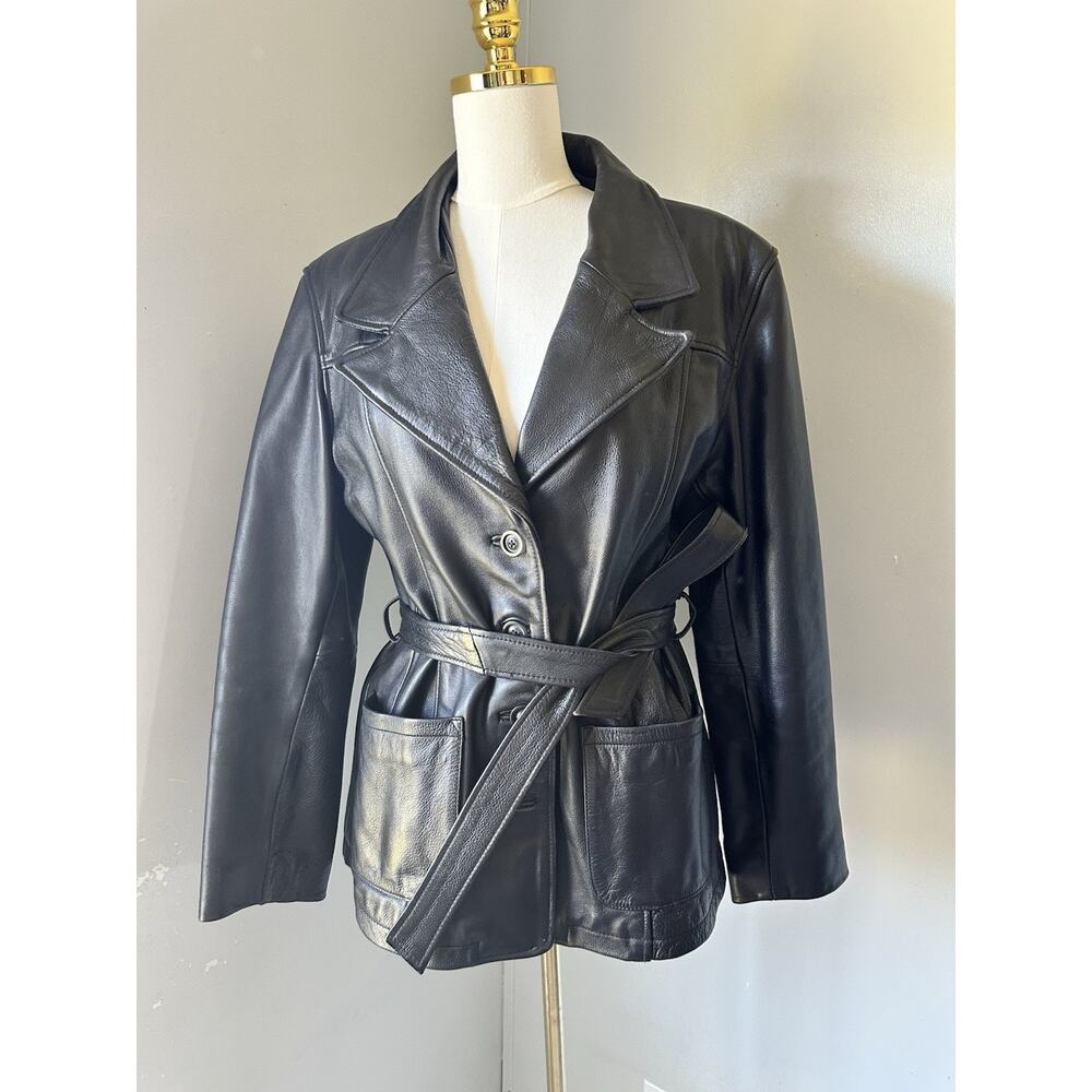Vintage Wilsons Leather Black Leather Belted Biker Jacket Large